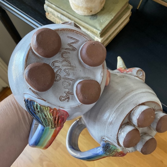 Mudworks Elwood the Rainbow Unicorn Mugs (2) Hand Thrown Pottery Footed USA Made - Picture 6 of 12